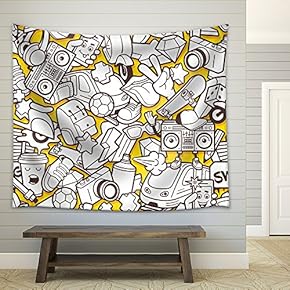 Vector - Graffiti Seamless Pattern with Urban Lifestyle Line Icons - Fabric Wall Tapestry Home Decor - 51x60 inches