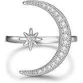 Angol Sterling Silver Crescent Moon Star Rings for Women Adjustable Moon Ring 23A Cubic Zirconia Minimalist Ring Valentines Day Gift for Her with Box