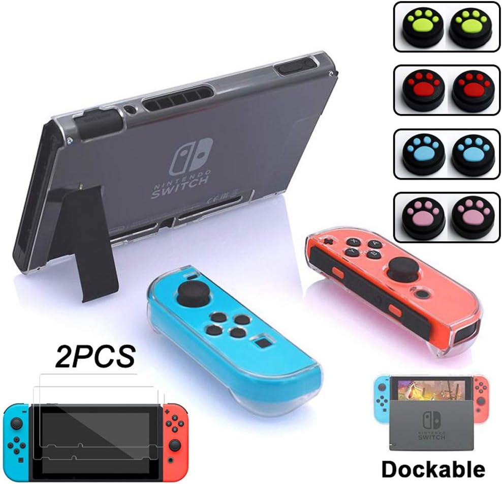 Dockable Clear Case for Nintendo Switch with 2pcs Tempered Glass Screen Protector,Crystal Hard Case to Protect Nintendo Switch Console Back and Front Screen and 8pcs Thumb Grips Caps for Controller