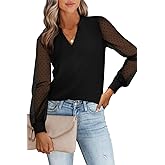 LUXVEER Women's Mesh Long Sleeve Shirts Dressy Casual V Neck Blouses Business Work Tops