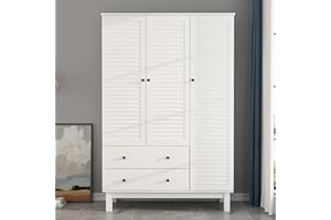 AIEGLE Wardrobe Armoire Closet with 3 Shutter Doors, 47" Wide Large Freestanding Armoire Wardrobe Cabinet with 2 Drawers, Shelves & Hanging Rod, Bedroom Wood Clothes Storage, White Type C