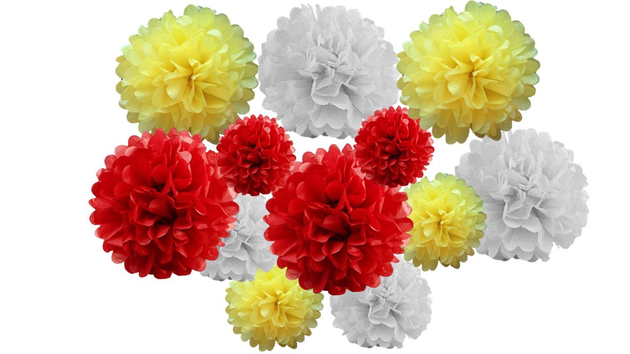 pack of 12 Pack Mixed Tissue Paper Pompom Pom Pom Hanging Garland Wedding Party Decorations (Red/Yellow Shade 2, mix 8" & 10" (20 cm & 25 cm))