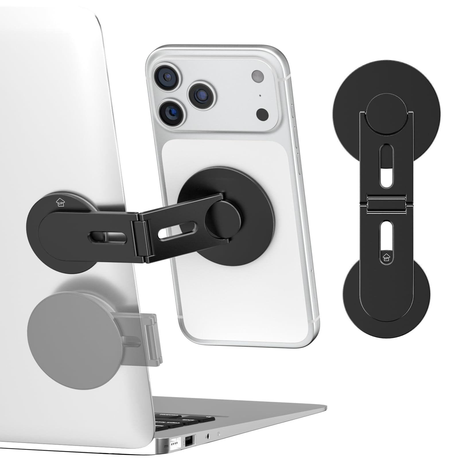 CloudValley Magnetic Phone Laptop Holder Mount, Foldable Hidden Portable Stand for iPhone 17/16/15/14/13 & All Phone, Clamp for Monitor Side, Compatible with Laptop, Desktop, Tesla Model 3/ Y, Black