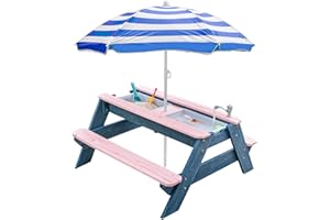 VYOMAMA Kids 3-in-1 Sand & Water Table, Wood Outdoor Convertible Picnic Table w/Umbrella, 2 Trays, Removable Top with Faucet, Picnic Table for Outdoor (Pink/Navy)