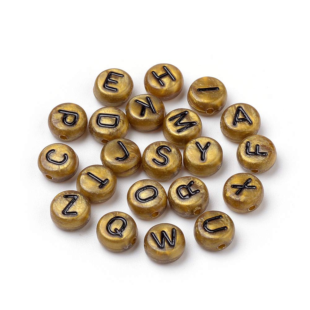 Beadthoven 200pcs Flat Round Acrylic Alphabet Beads Round Letter Loose Spacer Beads Black Initials 7x4mm Mini Pony Beads Antique Copper for Jewelry Making DIY Projects Friendship Name Bracelets