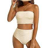 High Waisted Bandeau Bikini Set - Women Strapless Two Piece Swimsuits Ribbed Longline Full Coverage Bathing Suits Swimwear