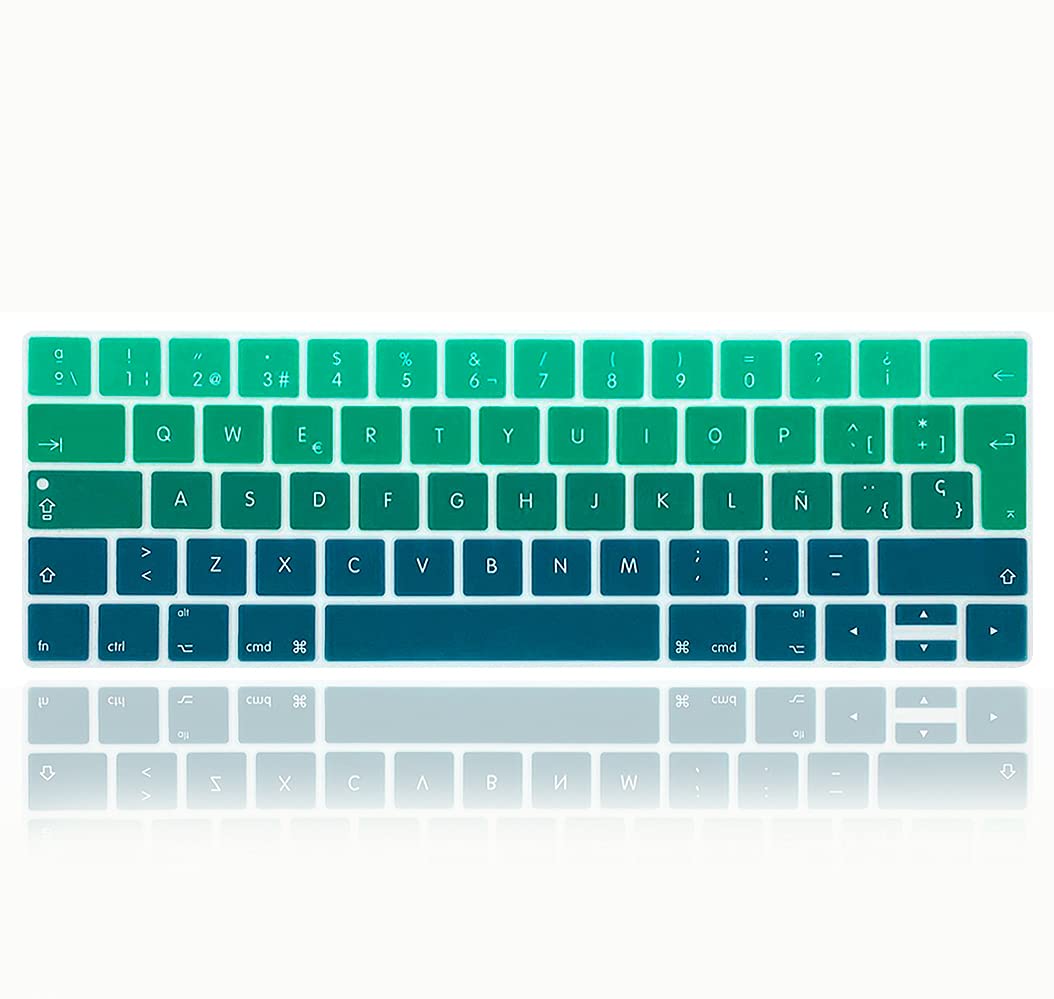 XHLWZR ESP/EU/UK Spanish Language Silicone Keyboard Cover Skin for MacBook Pro with Touch Bar 13-inch 15(A2159,A1989,A1990,A1706,A1707)(2019 2018 2017 2016) European Protective Skin,Gradient Green