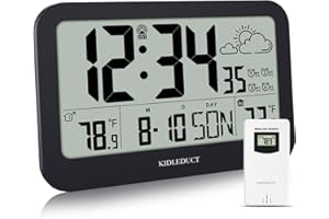 KIDLEDUCT Digital Wall Clock Battery Operated, Atomic Desk Clocks with Temperature Indoor Outdoor, 8.5" Large Display Weather Forecast Thermometer with 4 Alarms, 330ft Wireless