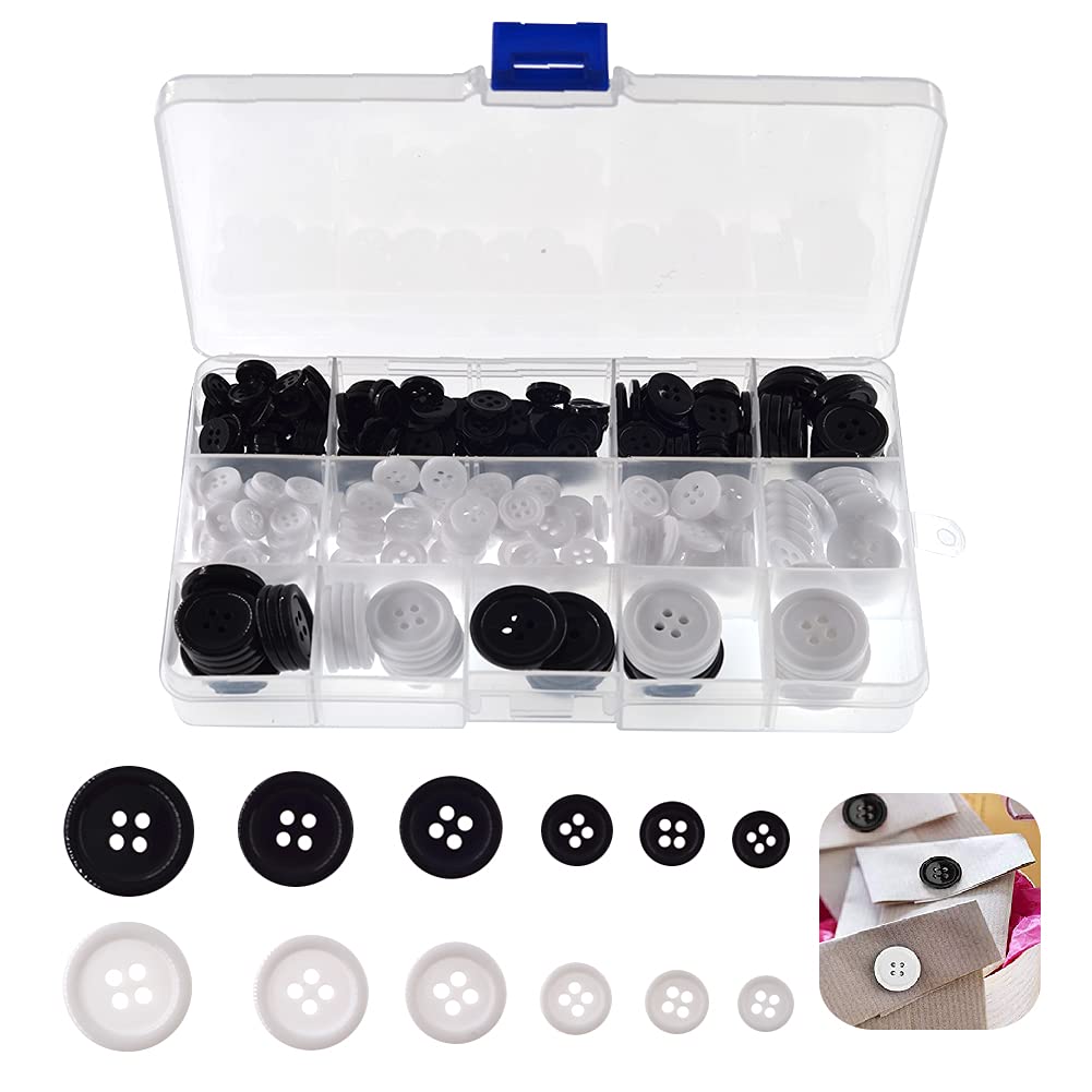 YIXISI 336 PCS Sewing Resin Buttons, Six Styles Each in Black + White Round Shape 4 Holes Craft Buttons with Storage Box, for DIY Sewing, Craft Ornament