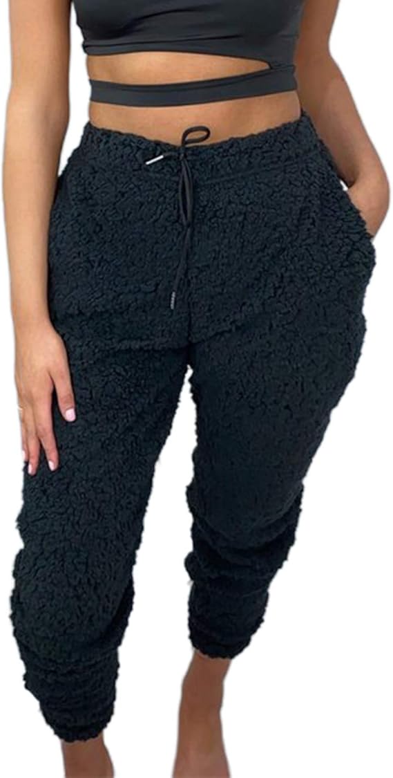 Springcmy Women Fluffy Pajama Pants Warm Fleece Plush Lounge Drawstring