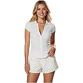 winkbay Women's Summer Cap Sleeve Fitted Shirts Dressy Casual Collared V Neck Blouses Going Out Tops