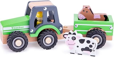 Woet Wooden Toy Tractor with Trailer Green Farm Play Vehicle with 2 Animals