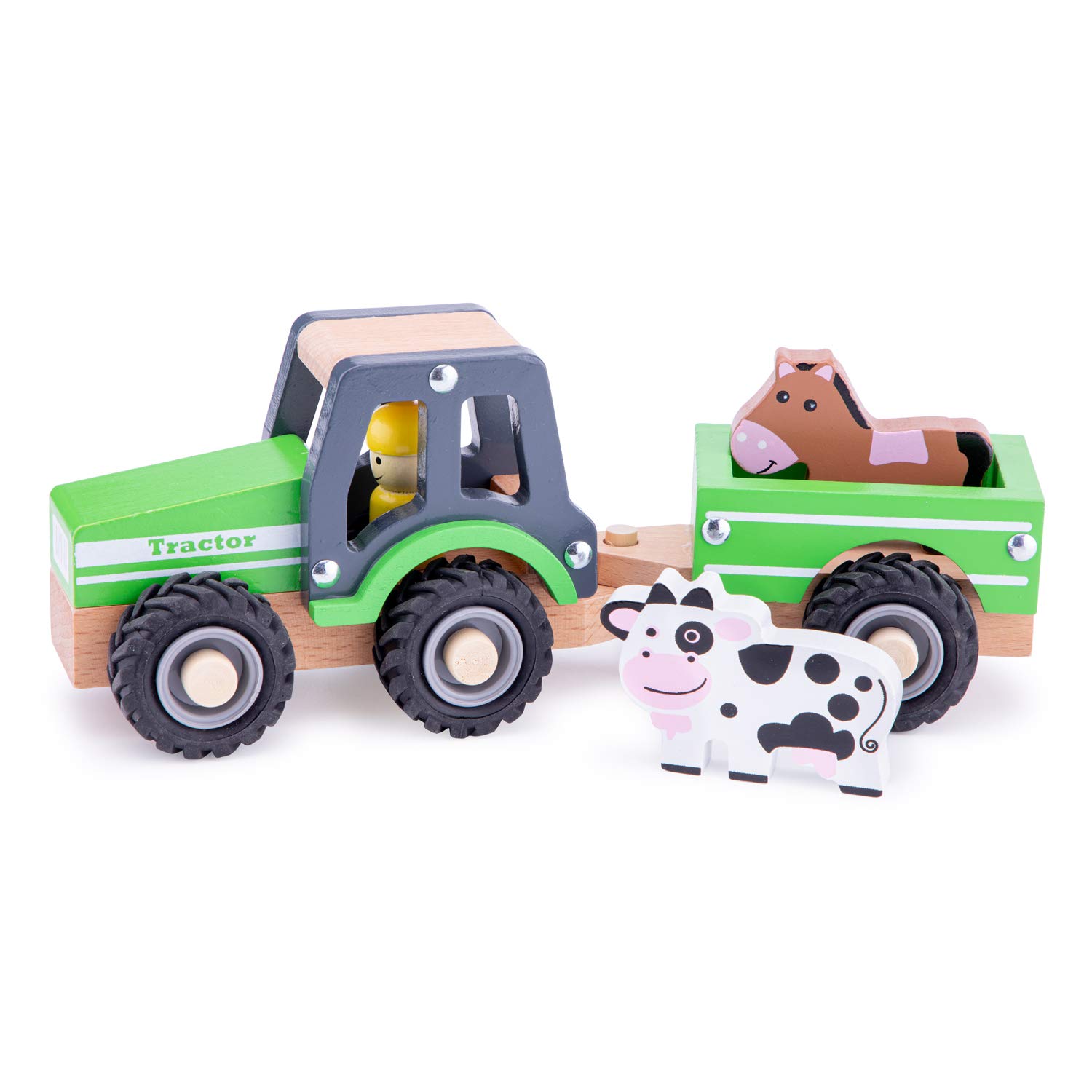 Woet® Wooden Toy Tractor with Trailer - Green Farm Play Vehicle with 2 Animals - Educational Role Play Toy - Toddler Toy from 18 Months - Farm Toys for Boys and Girls
