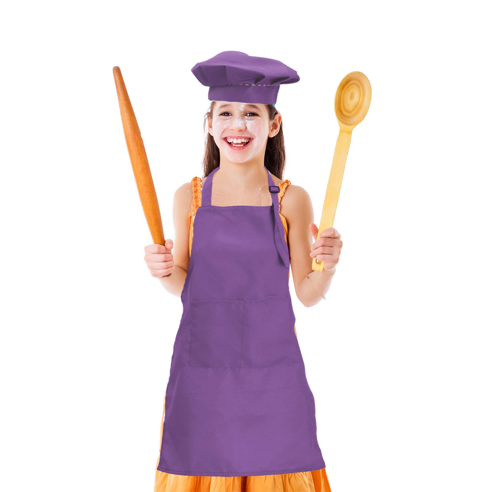 CWFUN Kids Apron and Chef Hat Children Purple Chef Hat Apron Set, Boys Girls Adjustable Aprons Kitchen Bib with 2 Pockets for Arting Kitchen Cooking Baking (4-12 Years Old,Purple-1Set,Large)