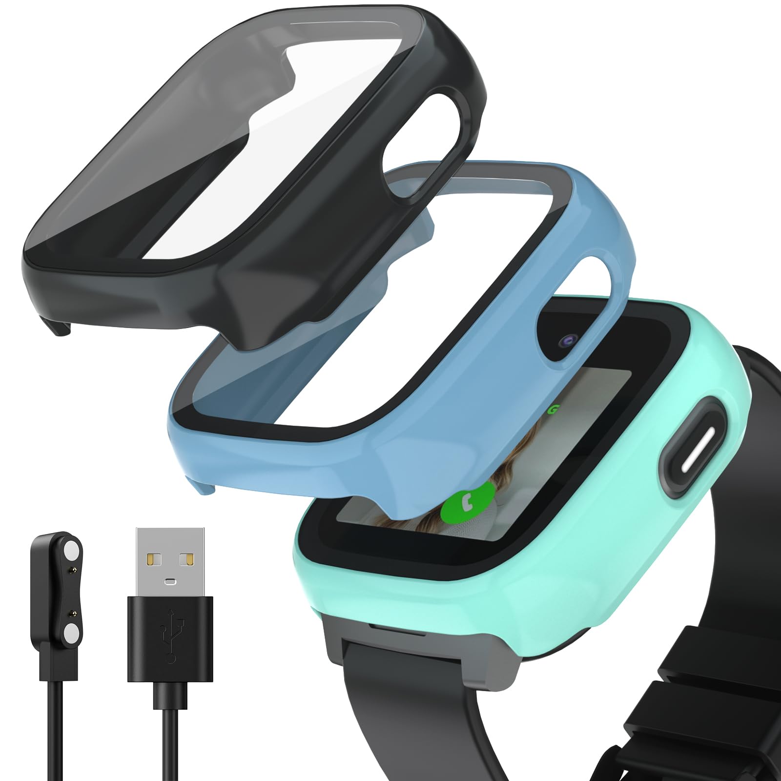 SimpleThings Compatible with Cosmo JrTrack 5 Screen Protector, Hard PC Case with HD Clear Tempered Glass Screen Protector for Cosmo JrTrack 5 Watch for Kids Boys Girls (Black+Blue+Teal)