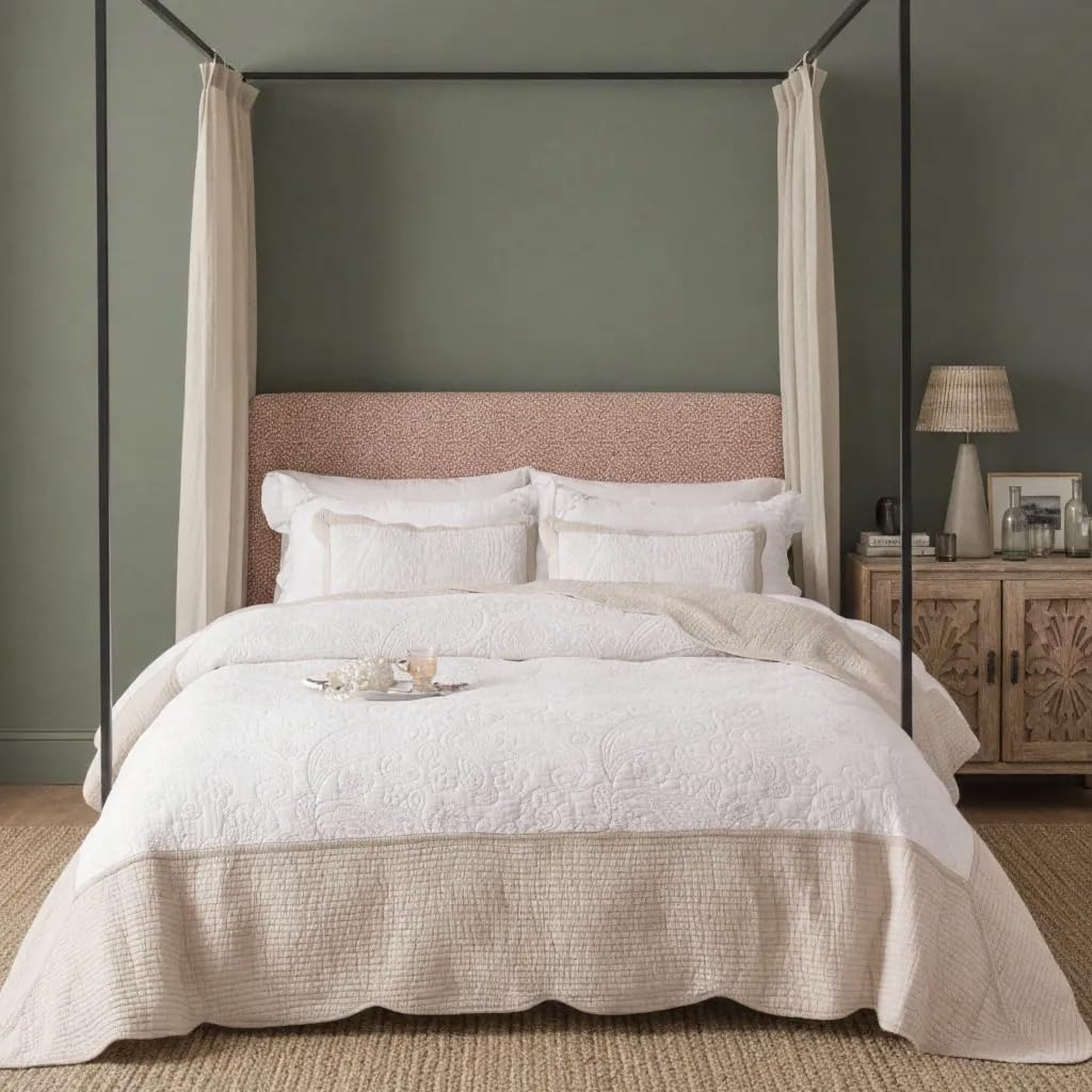 Photo 1 of BOV King Size Quilt - Cotton Quilt King Size Bedding Set with 2 Pillow Shams, Pre-Washed Lightweight Cotton Bedspread Coverlet Bed Set for All Season, Floral Embroidery 106"X96" Light Beige Ivory