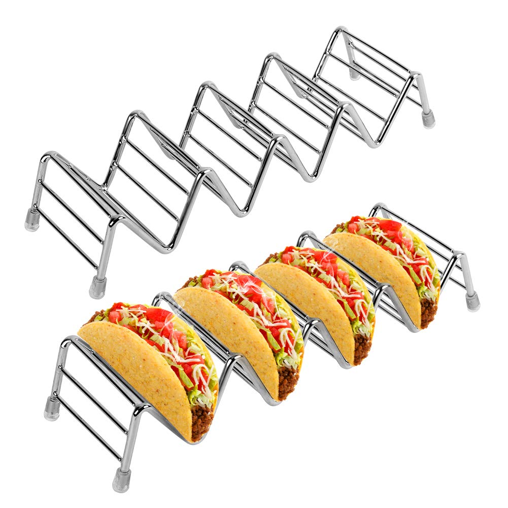 Taco Holder 2 Pack Taco Stand for 8 to 10 Tacos, Stainless Steel Rustproof Taco Rack Holds Up to 4-5 Tacos Each, Taco Tray for Soft Hard Shell with Silicone Protective Tips Oven Safe, 2 Pieces