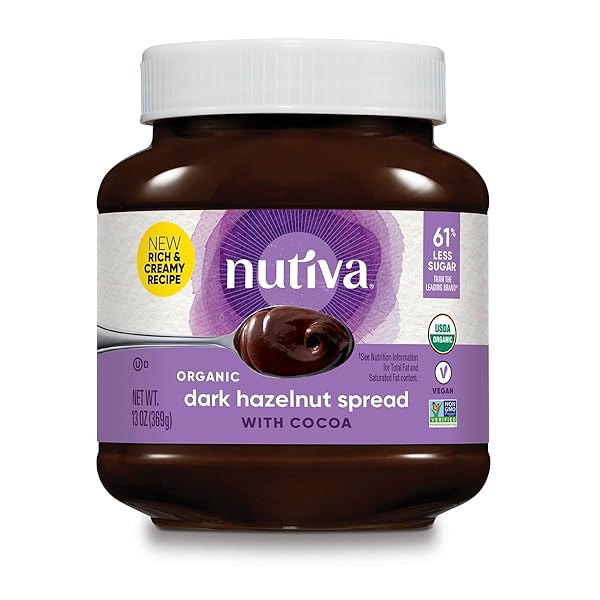 NUTIVA ORGANIC VEGAN HAZELNUT SPREAD, DARK, 13 OZ, USDA ORGANIC, NON-GMO, FAIR TRADE & SUSTAINABLY SOURCED, VEGAN & GLUTEN-FREE, PLANT-BASED SPREAD WITH LESS SUGAR