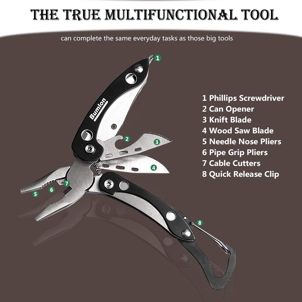 Multitool Plier Folding Pocket Knife 8 in 1 with Pliers,Screwdriver, Cutter, Keychain, Sheath, Mini Stainless Steel Survival Tool for Camping, Fishing