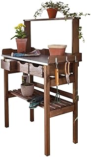 Pureday Pflanztisch für Garten Terrasse Balkon - 3 Schubladen - 3 Haken - Holz - verzinkte Metall-Arbeitsfläche - braun - ca. 78 x 38 x 112 cm