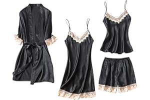 Huneny 2024 Silk Pajamas for Women 4 Piece Long Sleeve Pajamas Sets Sexy Vintage Solid Tank Tops Nightdress Pants with Robe