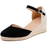 BCTEX COLL Women's Black Espadrilles Wedge Sandals Ankle Strap Platform Closed Toe Dressy Shoes, Size 10