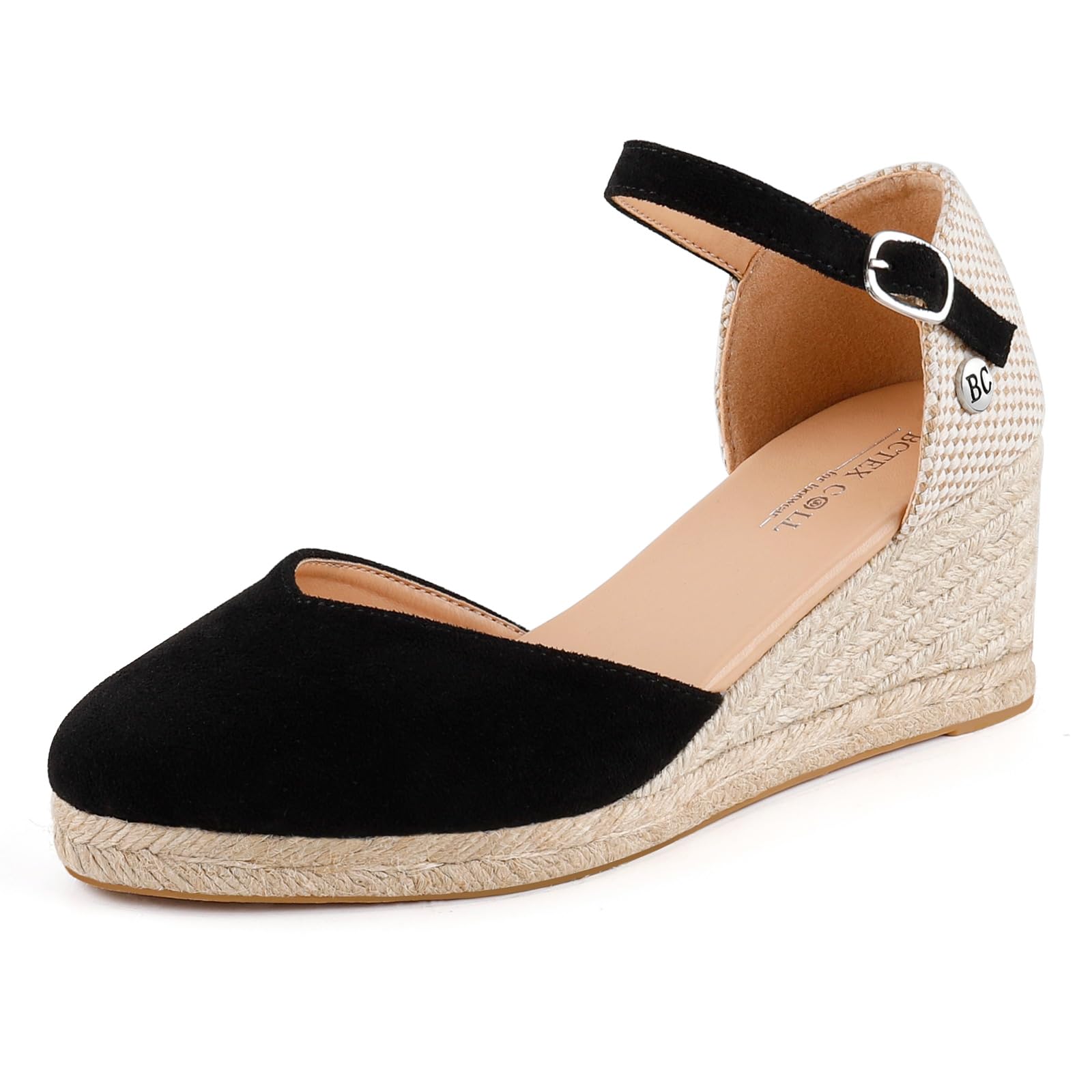 Photo 1 of BCTEX COLL Women's Black Espadrilles Wedge Sandals Ankle Strap Platform Closed Toe Dressy Shoes, Size 7.5