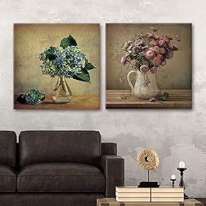 2 Panel Square Canvas Wall Art - Vintage Style Flowers in Vases - Giclee Print Gallery Wrap Modern Home Art Ready to Hang - 12"x12" x 2 Panels