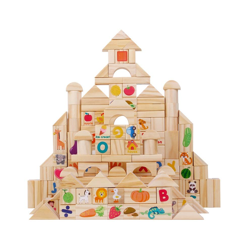 FeiWen Wooden Building Blocks Set，110 pieces Child Stacking Blocks Fruit Animal &Vegetables Building Block Set