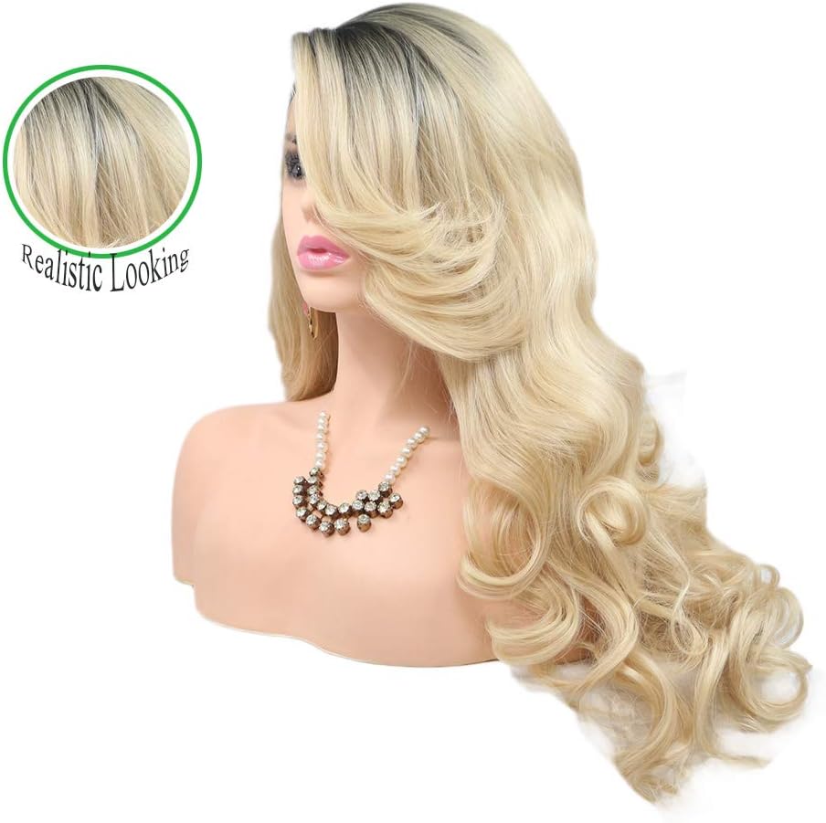 Ombre Blonde Lace Front Wigs for Women with Dark Roots Wavy Heat Resistant Fiber Synthetic Wigs Anime Cosplay Daily Use #613 150% 26 inches - Image 3