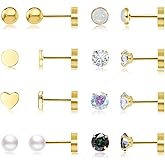 DAILI Hypoallergenic Titanium Flat Back Earrings, 6 Pairs Screw Back Gold Stud Earring for Women Men Silver Tiny Helix Earring Cartilage Conch Tragus Piercing Jewelry