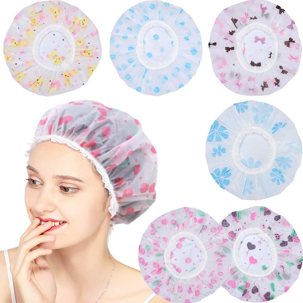 6 PCS Shower Caps, Reusable Elastic Waterproof Bathing Hair Cap with Lace Elastic Band for Women Beauty, Hair Spa, Home Hotel Travel Use : Beauty