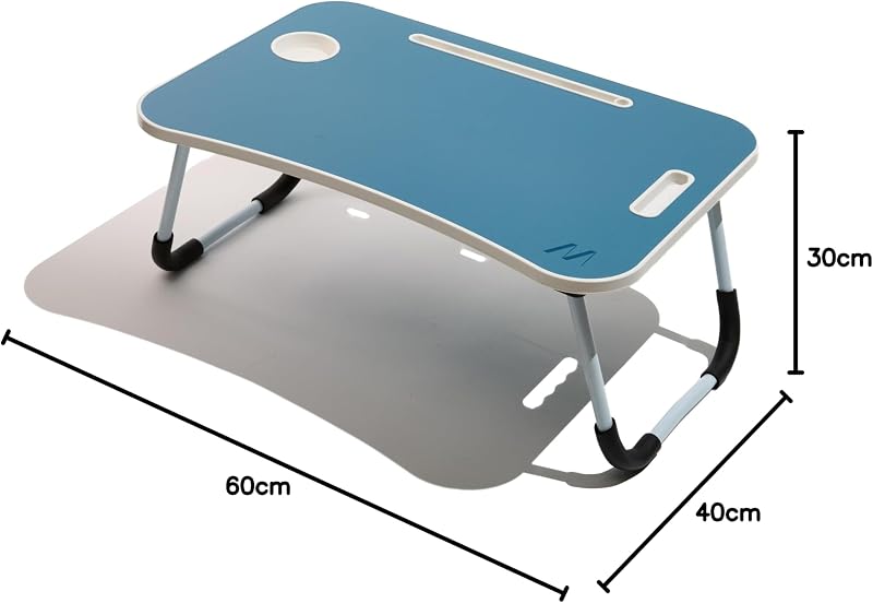 , Mesa para Smart Working, Escritorio Plegable de plástico y Metal, Plegable con portavasos y Soporte para Tablet, para Cama y sofá, 60 x 40 x 30 cm, Color Azul petróleo