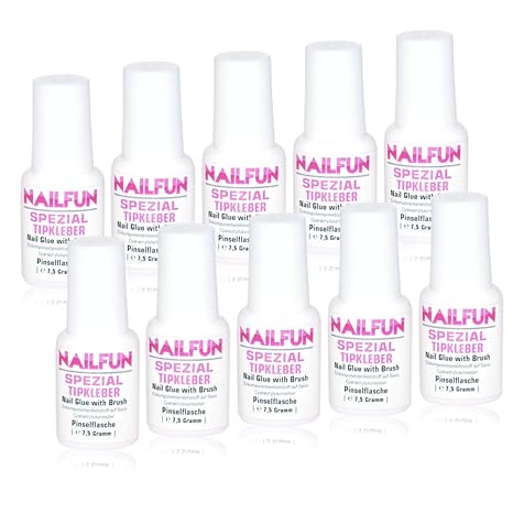 10er Set NAILFUN Tipkleber [10 x 7.5 Gramm] Nagelkleber Flasche mit Pinsel zum einfachen auftragen