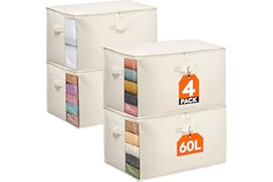 Lifewit 4 Pack Storage Bags for Clothes, 60L Cotton Linen Blanket Storage Bags with Three Sturdy Handles and Clear Window, Cl