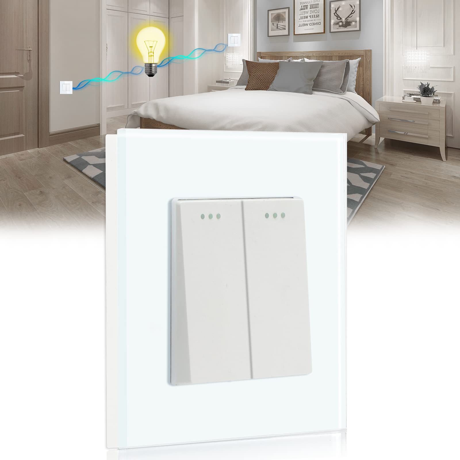 BSEED Light Switch 2 Gang 2 Way,Glass Light Switches,Screwless 10A Rocker Tactile Wall Switch,White Crystal Toggle Switch