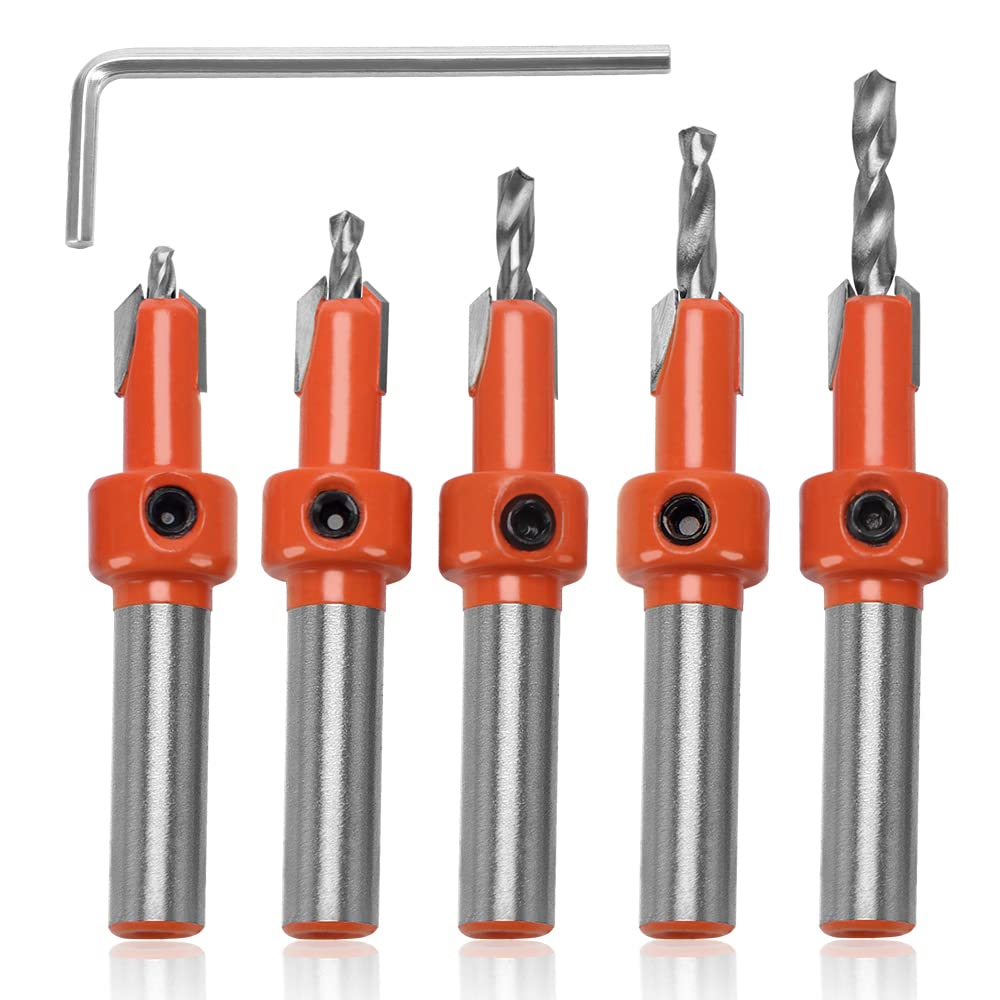 YIXISI 5 PCS 8mm HSS Countersink Drill Bit Set, Woodworking Chamfer Counter Bit, Tapered Drill Bit for Wood Drilling, with Hex Wrench and Screw — image 1