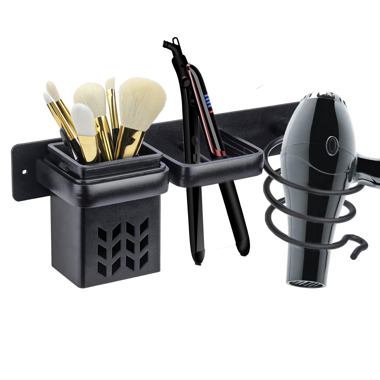 Teaque Hair Dryer Holder Wall Mounted, Metal Hairdryer Holder Wall Mounted, Multi-Functional Bathroom Styling Tool Organizer for Hair Dryer, Curling Wand, Hair Straightener, Black