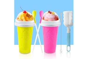 QwayHome 2PC Slushie Maker Cup,DIY Frozen Magic Slushy Cup,Double Layers Silica Smoothie Pinch Ice Cup,Quick Cooling Cup Homemade Milk Shake Ice Cream Maker (Yellow+Pink)