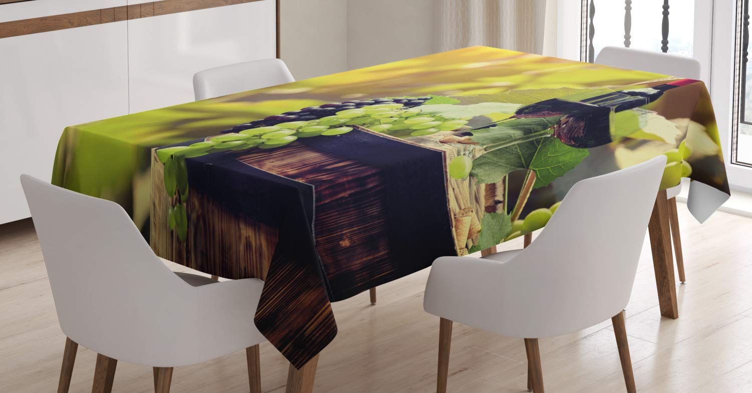 ABAKUHAUS Wine Tablecloth, Agriculture Country Theme Natural Landscape Product Alcoholic Drink Fruit, Dining Room Kitchen Table Cover, 54" x 78", Light Green Black Brown