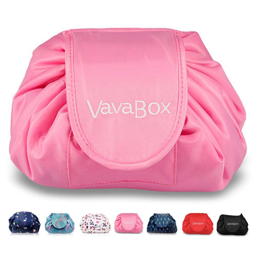 Lazy Drawstring Makeup Bags, Large Capacity Waterproof Travel Portable Cosmetic Bag Pouch Makeup Pouch Storage Organiser for Women Girl (Cute Pink)