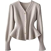 GORGLITTER Women's Button Down Peplum Sweater Fitted Long Sleeve V Neck Knitted Cardigan Lightweight Business Casual Tops
