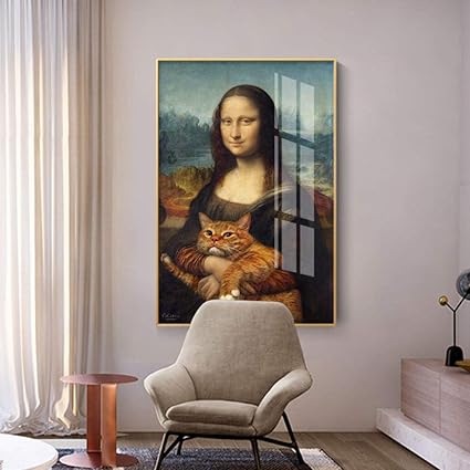 No Brand Litteraire Retro Parodie Mona Lisa Chat Peinture A L Huile Da Vinci Celebre Peinture Toile Decoration Pour La Decoration Interieure 60x90 Cm Sans Cadre Amazon Fr Cuisine Maison
