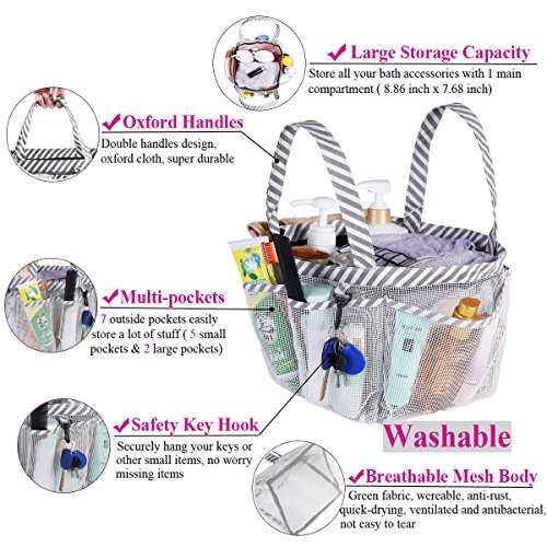 Haundry Mesh Shower Caddy Tote, White College Dorm Bathroom Tote with 8