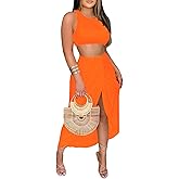 LYANER Women's 2 Piece Outfits Sleeveless Tank Crop Top and Wrap Split Slit Ruched Bodycon Midi Skirt