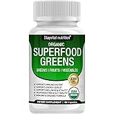Stayvital Nutrition USDA Organic Superfood Greens – 28 Plant-Based Ingredients, Fruit & Veggie Supplement with Alfalfa, Beet Root, and Ginger, 60 Capsules
