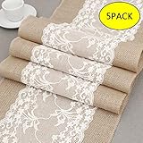BullStar 12" x 108" Burlap Table Runner with Lace Natural Jute Hessian able Runners for Wedding Party Bridal Shower Babe Shower Dining Table Decoration (B, 5pack)