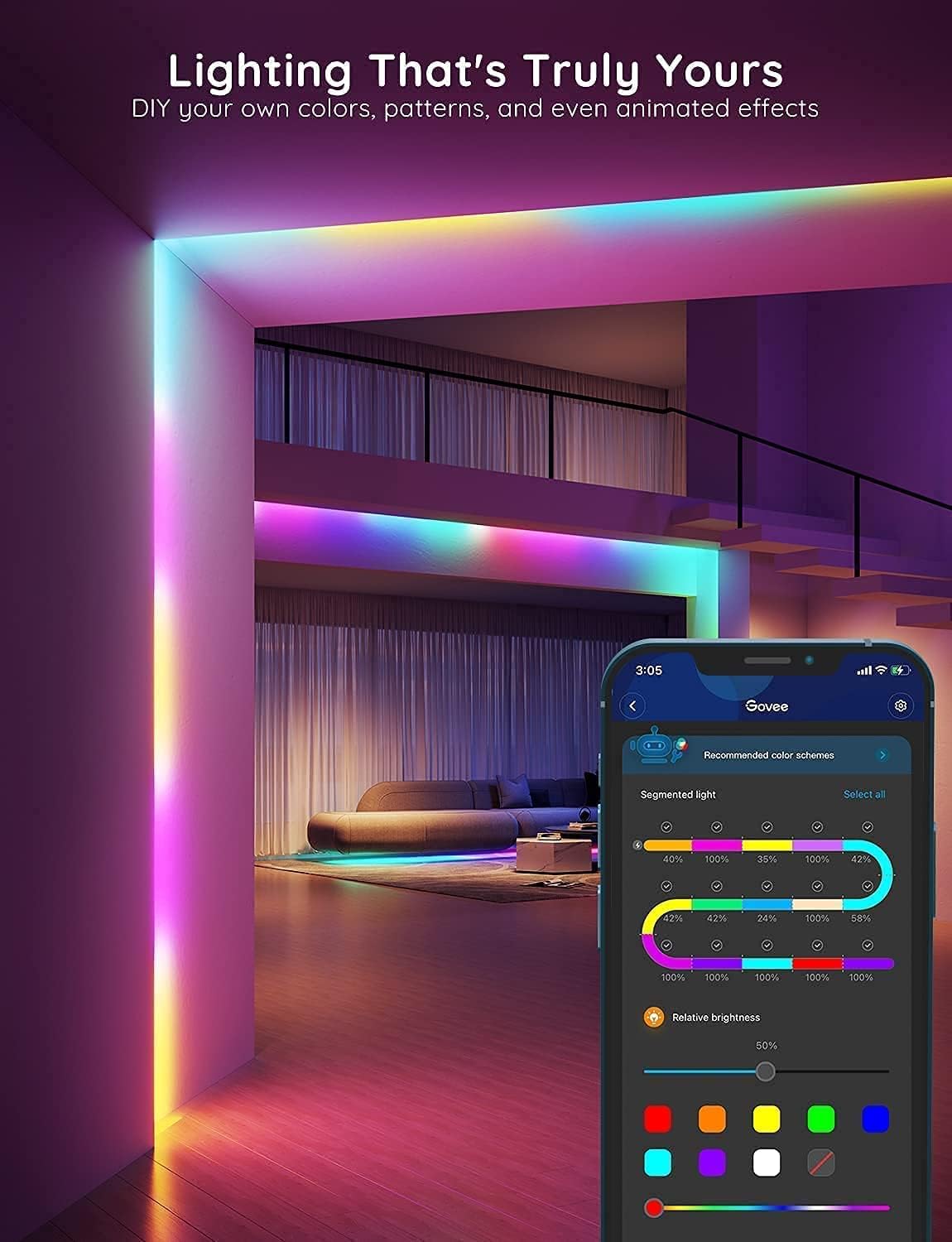 Govee LED Strip Light 10m, RGBIC Smart LED Light Strip Bluetooth APP Control, DIY Color Changing, Music Sync, for Bedroom Kitchen Party Home Decor, Not Support WiFi