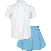 Girls Skirt Outfit Short Sleeve White Button Down Shirts and Mini Skirts Two Piece Picture Day Outfits for School