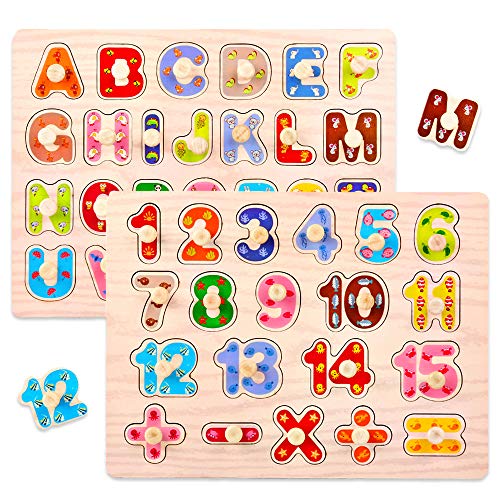 Kids Wooden Peg Puzzles Play Set - Alphabet ABC Numbers 123 Puzzles Board - Pegged Puzzles for Toddler Children Learning Educational Puzzles Toys Gift for 1 2 3 Year Olds Toddlers Boys and Girls - Thumbnail 7
